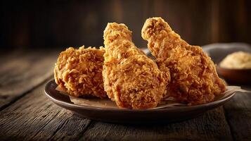 Rustic wooden table with fried chicken leg image photo