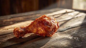 Close-up photorealistic crispy fried chicken leg image photo