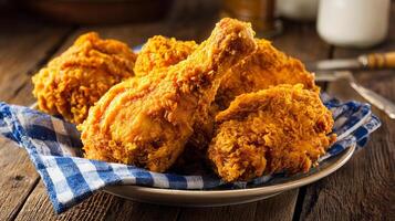Crispy fried chicken leg on rustic wood image photo