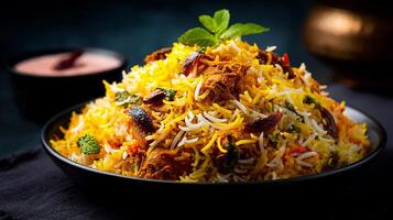 Authentic biryani dish in bowl with sharp focus and detail photo