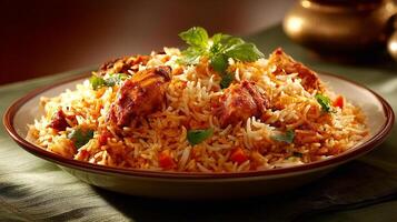 Plate of chicken biryani dish in natural soft window lighting photo