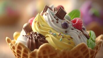 Realistic creamy dessert with colorful candy image photo