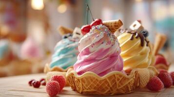 Sweet topping over soft frozen dessert image photo