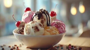 Ice cream scoops with vivid topping detail image photo