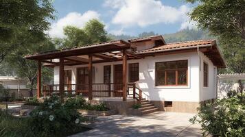Exterior shot of residential house with modern roof and architectural design photo