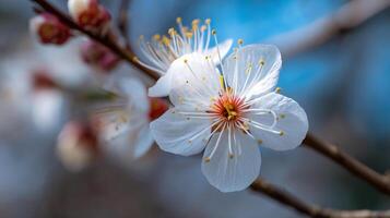 Blooming branch with bright detailed photo of flower