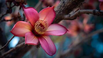 Vivid detail photo of flower on tree highlighted by natural light