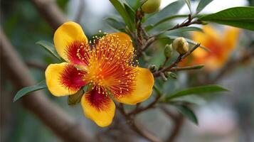 Sharp macro photo of flower blooming on lighted tree branch