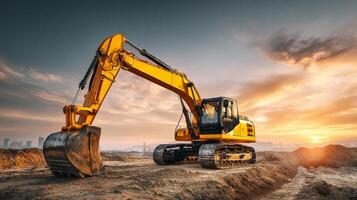 Construction site excavator illuminated by daylight photo