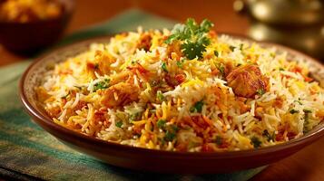 Tandoori spicy biryani served with basmati rice and curry photo