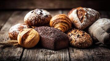 Rustic table with photorealistic baked bakery items photo
