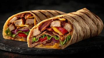 Freshly prepared image of shawarma roll in pita bread photo