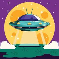 UFO, alien spaceship. Unidentified flying object and night sky vector