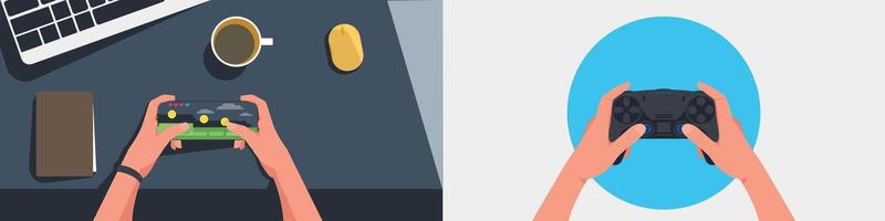 Hand Holding Smartphone and Joystick Playing Game vector