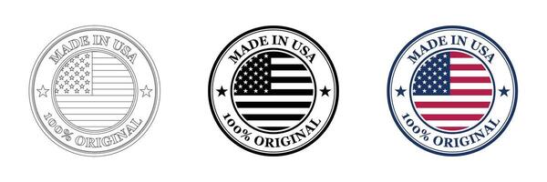 Made in USA label design for business. Quality seal badge product design in outline, black, flag color. vector