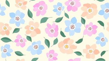 Pastel floral seamless pattern on a light yellow background. summer motif hand drawn flower and green leaves in simple decorative style vector