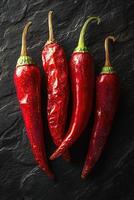 Four red chili peppers arranged on a dark textured surface photo