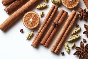 Arrangement of cinnamon sticks, dried citrus, and spices on a white background. photo