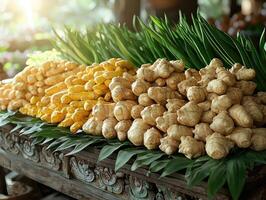 Piles of ginger and turmeric root displayed on a table for sale photo