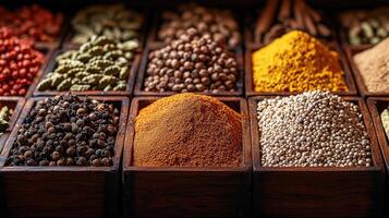 Assortment of different spices displayed in small wooden containers photo