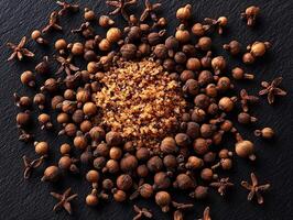 A close up image of scattered aromatic spices together photo
