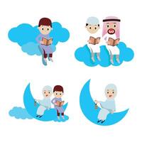 Muslim Children Reading on Clouds and Moon vector