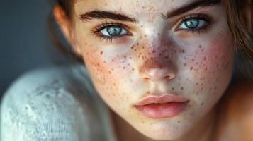 Confident woman with acne marks. Acne Positivity Day. Embracing self-acceptance and body positivity despite skin issues and inflammation photo
