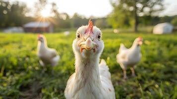 White chickens pecking on grassy pasture in sunny farm surroundings. Great for showcasing rural life, agriculture, and free-range poultry themes photo
