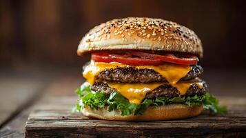 Savory burger close-up with melty cheese, lettuce, and tomato on sesame seed bun. Perfect for fast food, burger places, or food menus photo