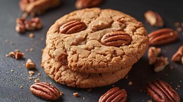 Stack of pecan cookies on black table. Traditional nut and chocolate biscuits, perfect for coffee or tea. Shortbread pastry ideal as sweet snack for breakfast or afternoon treat photo