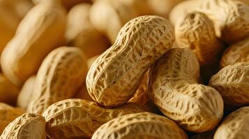 Unshelled peanuts background. Close up healthy snack scene. Many fresh unpeeled nuts pattern photo
