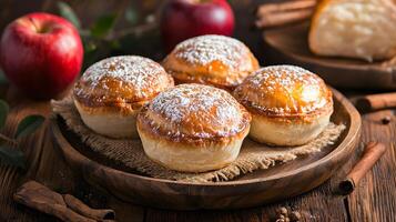 Traditional apple dumplings on wooden tray with cinnamon sticks and whole apples around. Stuffed pies with seasonal fruits. Sweet puff pastry dessert sprinkled with powdered sugar photo