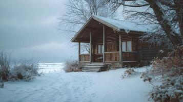 Snowy retreat a charming log cabin nestled by a serene lake in a winter wonderland landscape photo