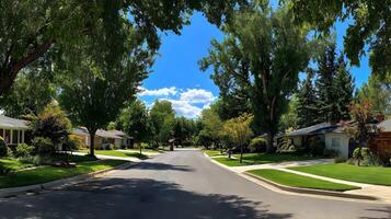 Serene suburban street view with lush green trees and a clear blue sky on a sunny day creating peace photo