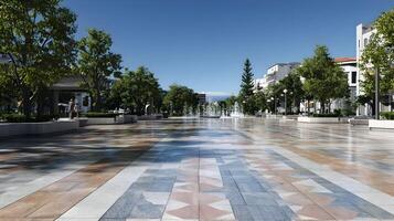 Urban cityscape showcasing a expansive public square with patterned paving stone and lush green trees under a bright blue sky photo