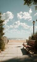 Relaxing stroll to the beach beckons with tranquil pathway bench and inviting view of ocean coast, capturing serene escape photo
