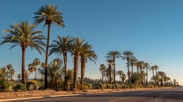 Sunlit Palm Trees Line a Desert Road Under a Clear Blue Sky Offering a Sense of Vacation Serenity photo