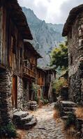 Serene path through a village nestled in the mountains a scene of stone houses and rugged landscape evoking old world charm photo