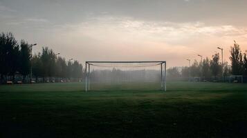Early morning tranquility captured on a soccer field with goals shrouded in gentle mist and diffused light photo