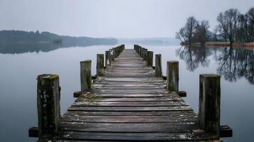 An old wooden pier stretches out into a still lake on a foggy day reflecting serene nature scenes photo