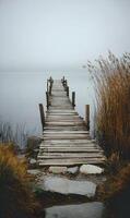 Serene waters beckon along a weathered wooden pier on a misty morning where tranquility reigns supreme and time stands still photo