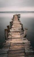 Rustic charm a weathered wooden pier stretches into a tranquil lake under a cloudy sky serene landscape photo