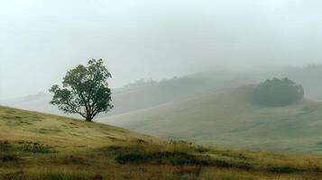 A solitary tree stands amidst rolling hills blanketed in a dense fog creating a serene atmosphere photo