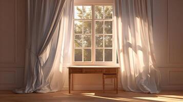 Sunlit window with sheer curtains framing a wooden desk creating a peaceful and bright interior space photo