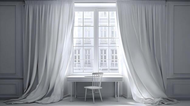 Monochromatic room featuring a window with curtains and a view of a building with repeating windows photo