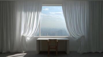A serene and airy interior featuring a desk by a window with flowing white curtains offering a city view photo