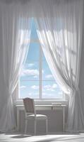 Serene window view with delicate white curtains framing the sky adding light and elegance to the interior space photo