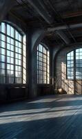 Sunlight streams through arched windows illuminating the cavernous industrial space with vintage architectural details creating atmosphere photo