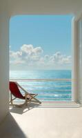 Tranquil seascape view from a pristine white balcony featuring a comfortable red beach chair inviting relaxation photo