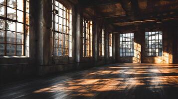 Sunlight streams through industrial windows illuminating an empty loft space with hardwood floors photo
